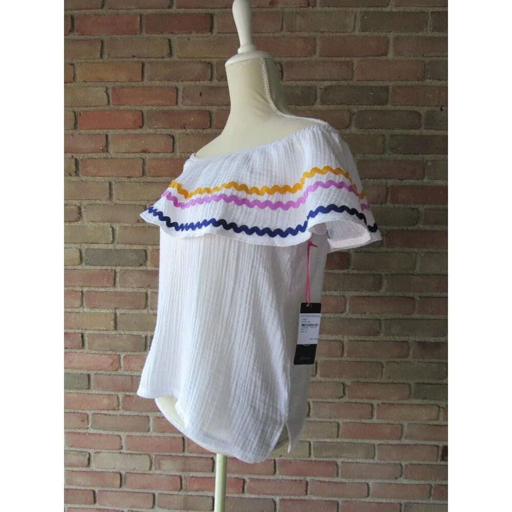 Off the Shoulder Top Womens L White Gibson x Hi Sugarplum! Santa Fe Rickrack